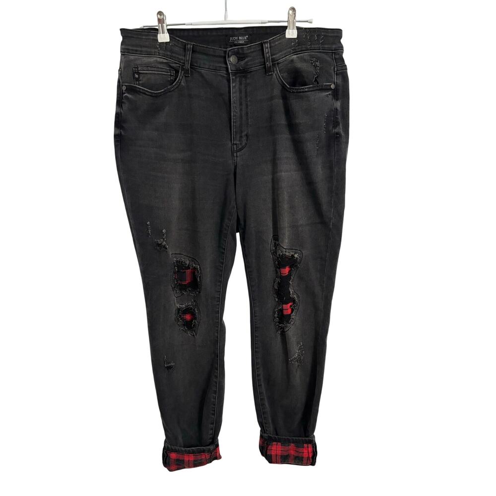 Judy Blue Womens 16W Black Plaid Patch Skinny Fit Biker Rocker Edgy Grunge Jeans